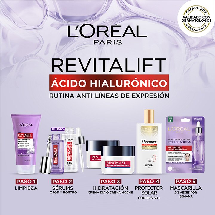 Rutina hidratante y anti líneas de expresión revitalift ácido hialurónico de loreal paris